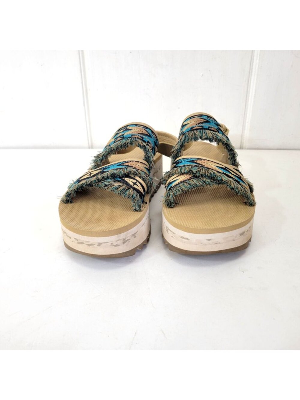 Teva Women's Fringe Platform Sandals With Aztec Print Straps & Wedge Sole Beige - Picture 7 of 9